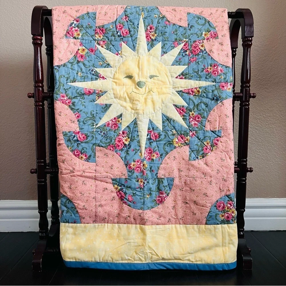 New Handmade Floral Sunburst Quilt - Pink, Blue, Yellow